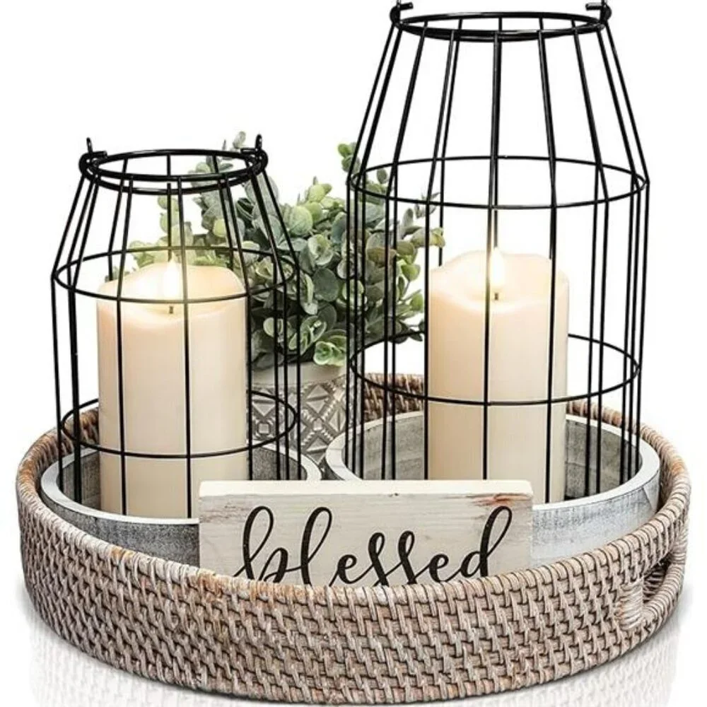 Rustic Farmhouse Lanterns Set of 2 White Metal Candle Holders Home