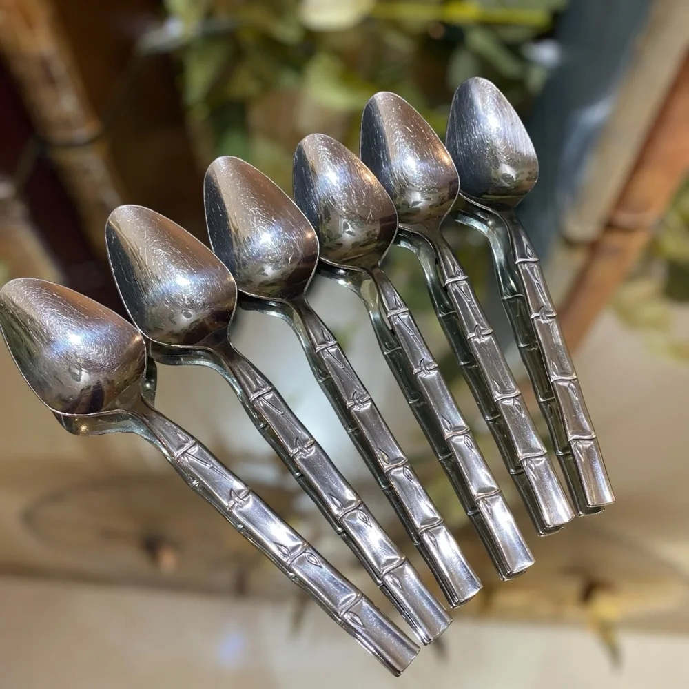 Vintage Bamboo Tiki Set 6 Teaspoons Lifetime Cutlery LC Stainless Flatware