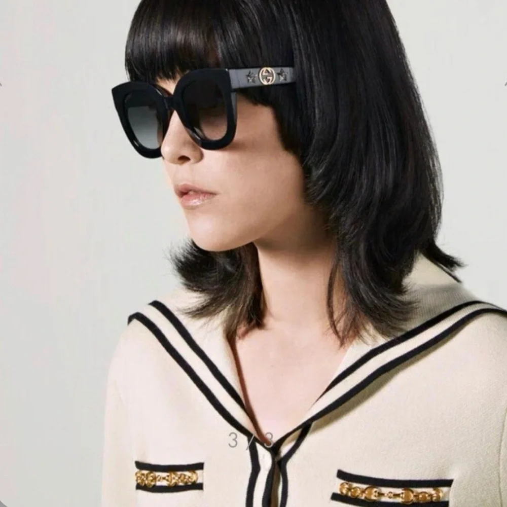 GUCCI Italy GG0208S Crystal Star Cat Eye Gray Gradient Lens Black Frame Sunglass