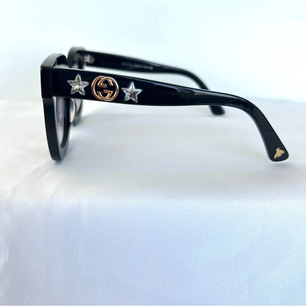 GUCCI Italy GG0208S Crystal Star Cat Eye Gray Gradient Lens Black Frame Sunglass