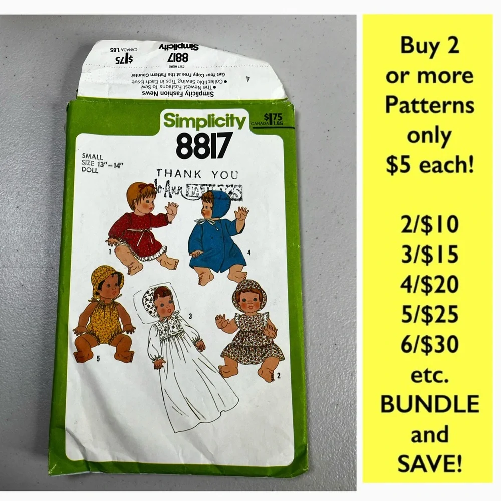 Vintage 1978 Simplicity 8817 Sewing Pattern for 13”-14” doll clothes, Cut