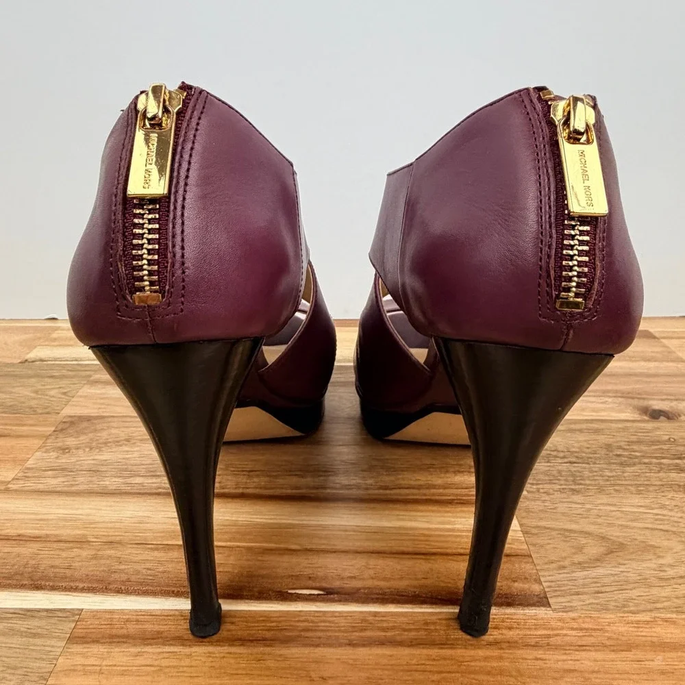 Michael Kors Plum Burgundy Leather Peep Toe Platform Heels Back Zip Womens 8M