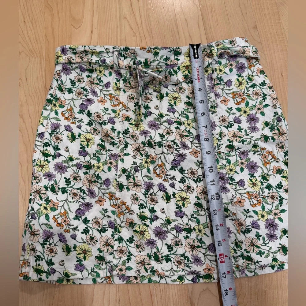 LOFT White Floral Drawstring Mini Skirt with Green, Purple & Orange Accents