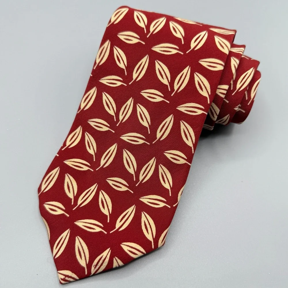 Boss Hugo Boss Tie Mens Red Tan Floral Leaf 100% Silk Necktie‎ Luxury Italy