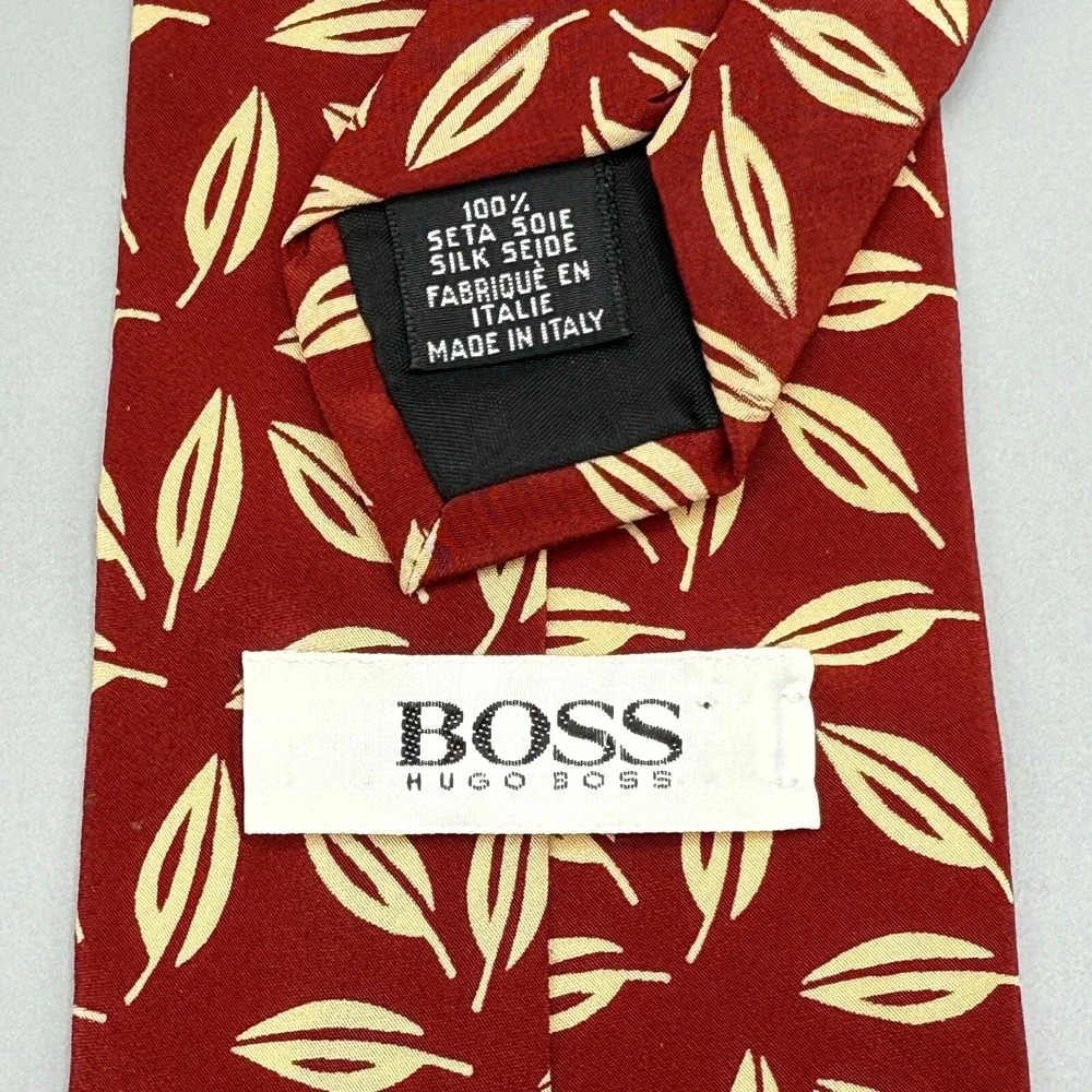 Boss Hugo Boss Tie Mens Red Tan Floral Leaf 100% Silk Necktie‎ Luxury Italy