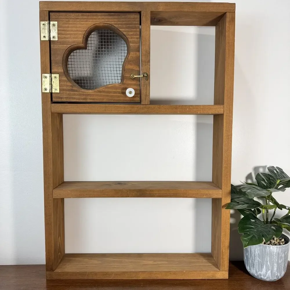 Rustic Wood Wall Shelf with Heart Door & Mesh Trinkets CottageCore