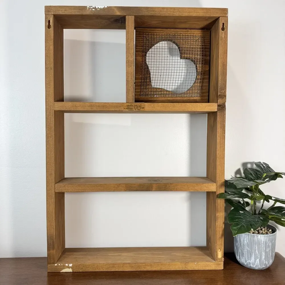 Rustic Wood Wall Shelf with Heart Door & Mesh Trinkets CottageCore