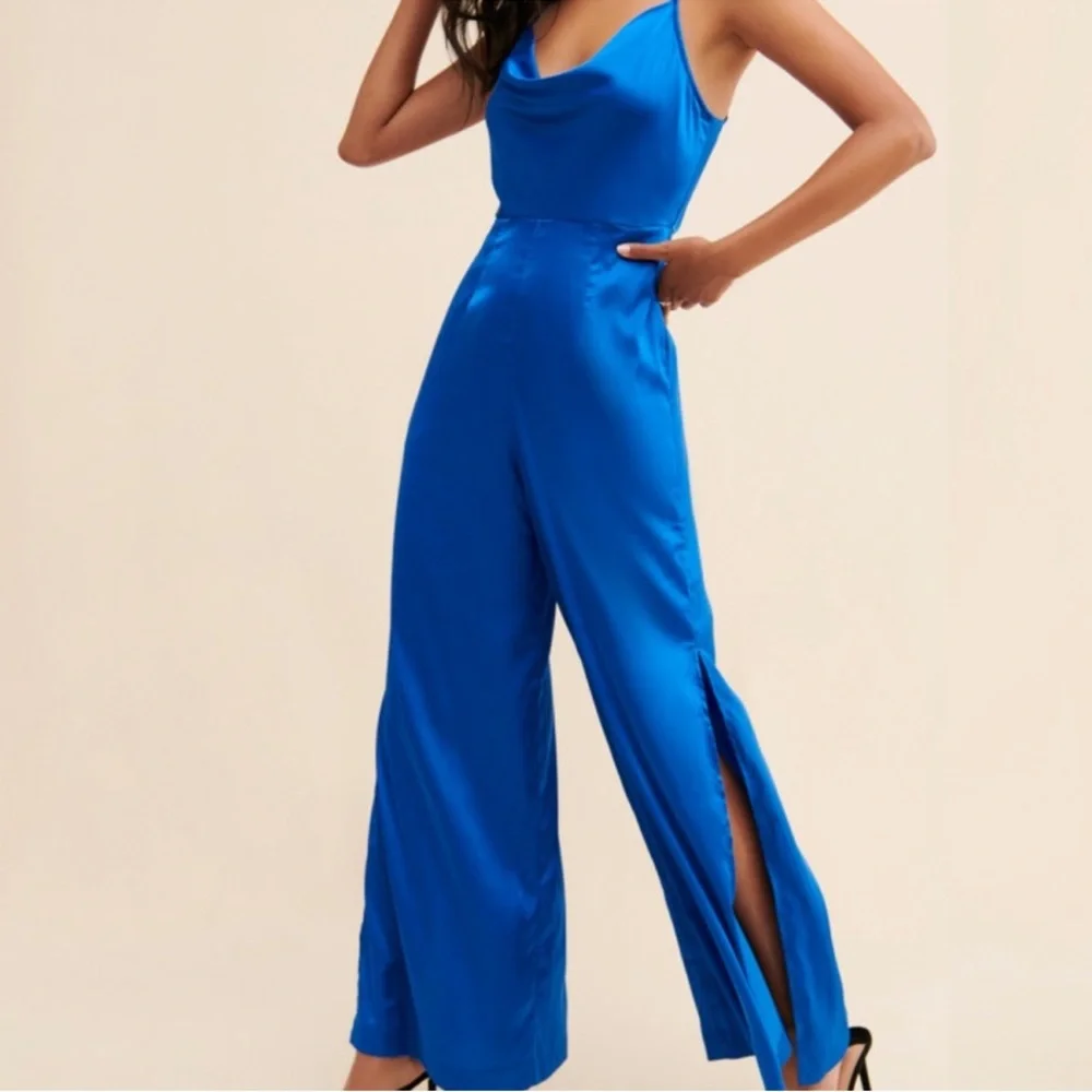 Hutch Anthropologie Satin Blue Cowl Neck Jumpsuit 8