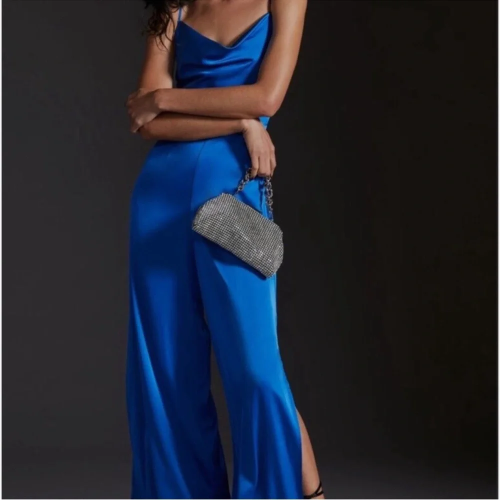 Hutch Anthropologie Satin Blue Cowl Neck Jumpsuit 8