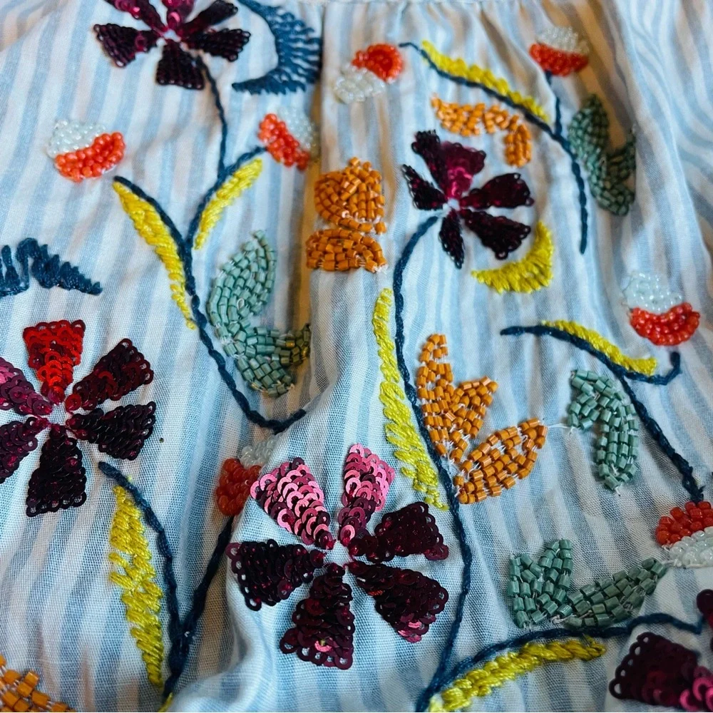 ANTHROPOLOGIE | Beaded Puff-Sleeved Blouse Blue White Small Fairycore Coquette