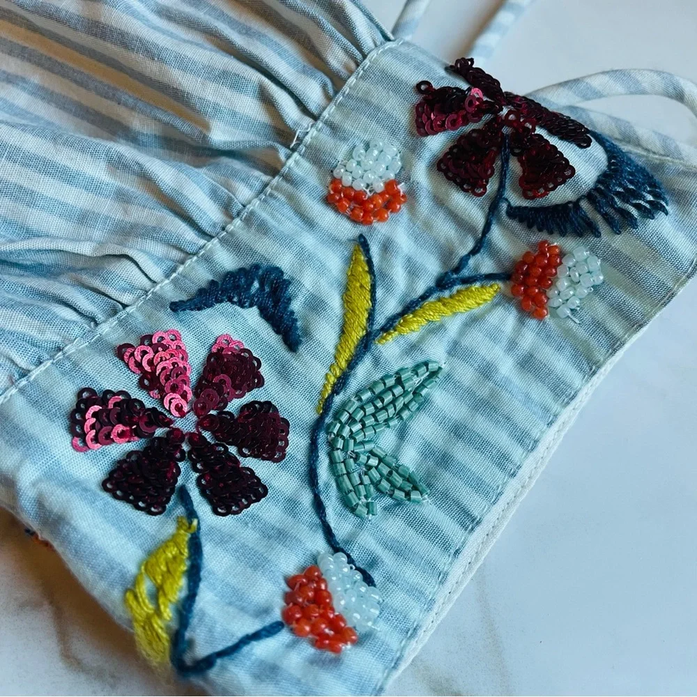 ANTHROPOLOGIE | Beaded Puff-Sleeved Blouse Blue White Small Fairycore Coquette