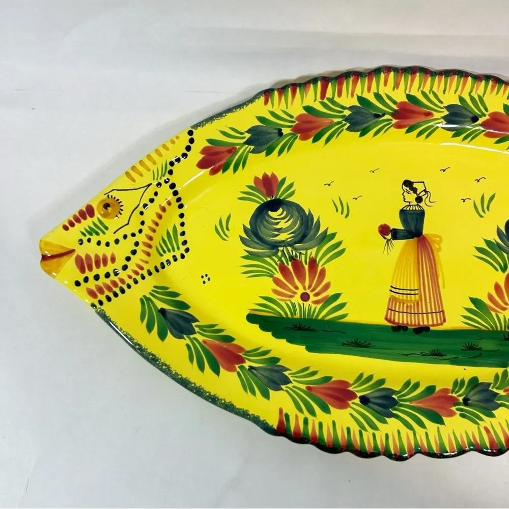 HB Henriot Quimper France Fish 19.25” Platter Yellow Soleil Pottery Femme Breton