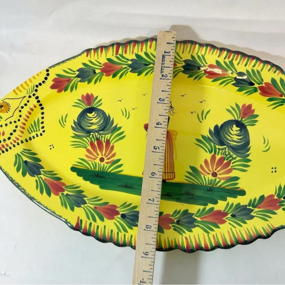 HB Henriot Quimper France Fish 19.25” Platter Yellow Soleil Pottery Femme Breton