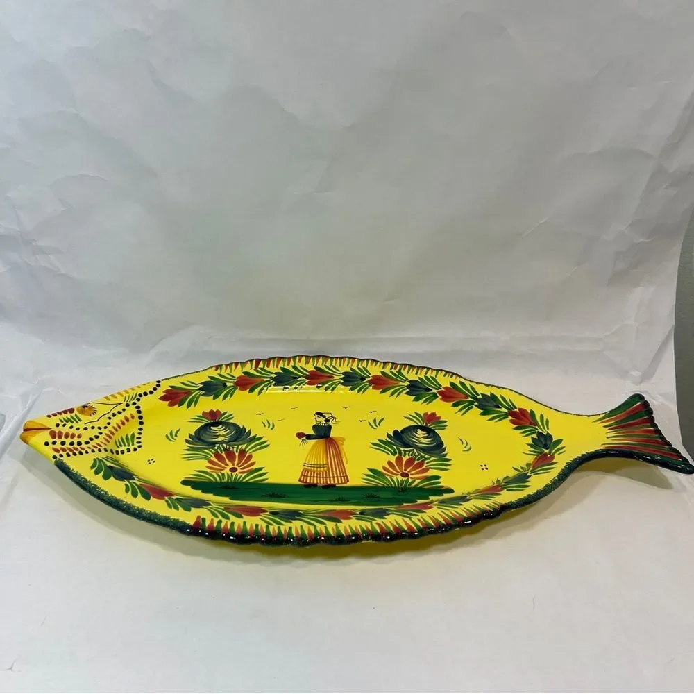 HB Henriot Quimper France Fish 19.25” Platter Yellow Soleil Pottery Femme Breton