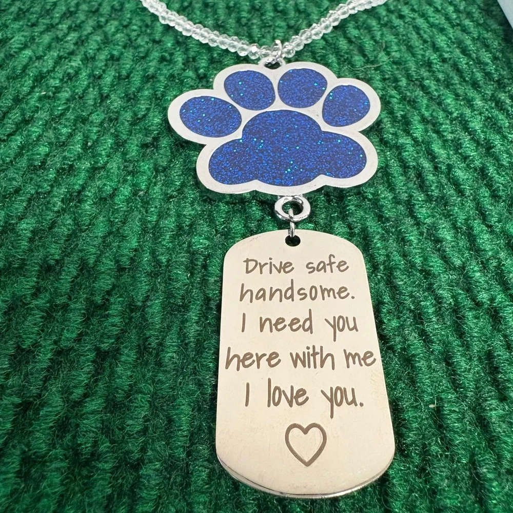 Blue Paw Pendant Necklace with Engraved Tag