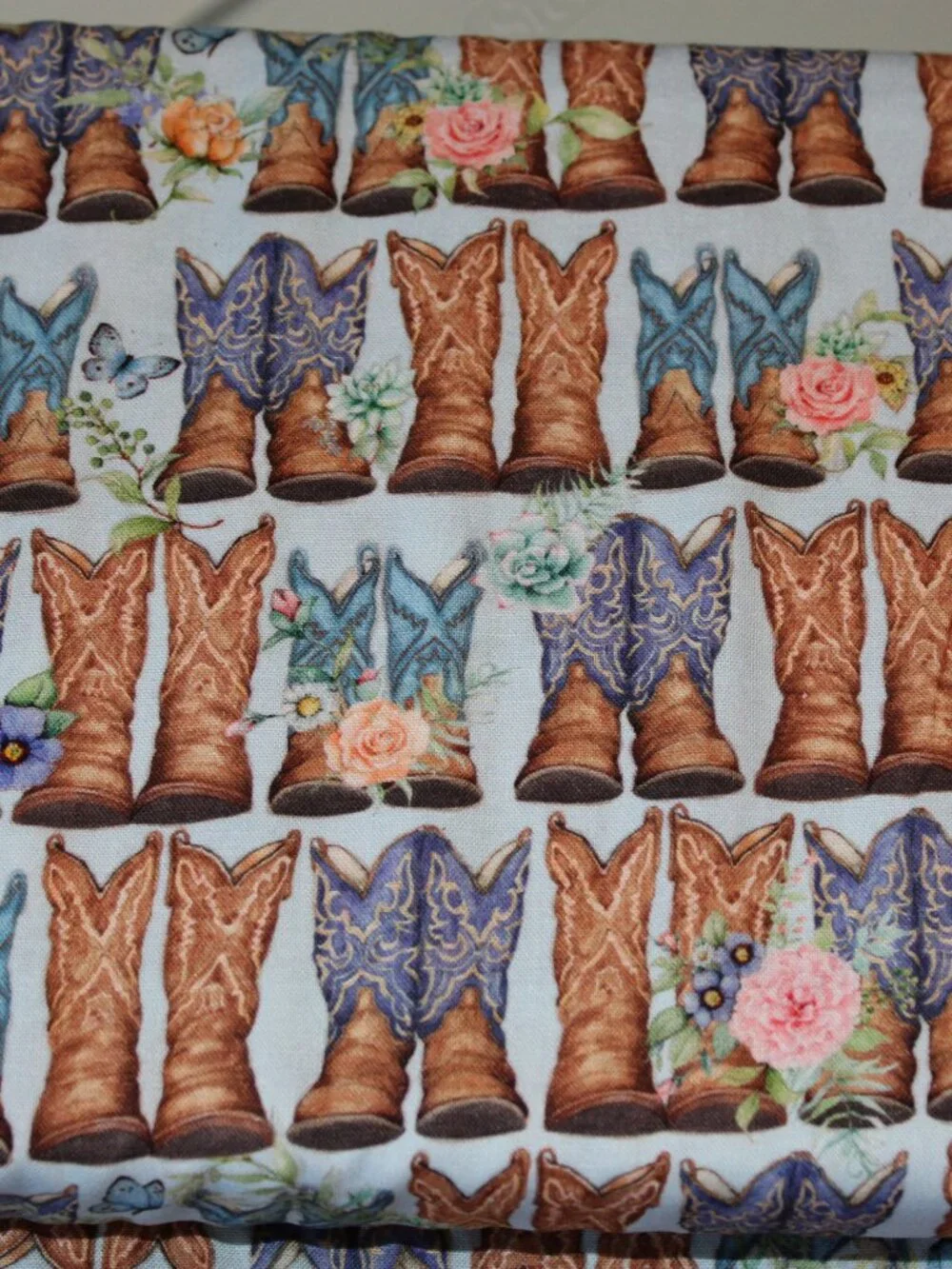 One Yard Cotton Fabric DUSTY BOOTS Cowboy Boots on Blue
