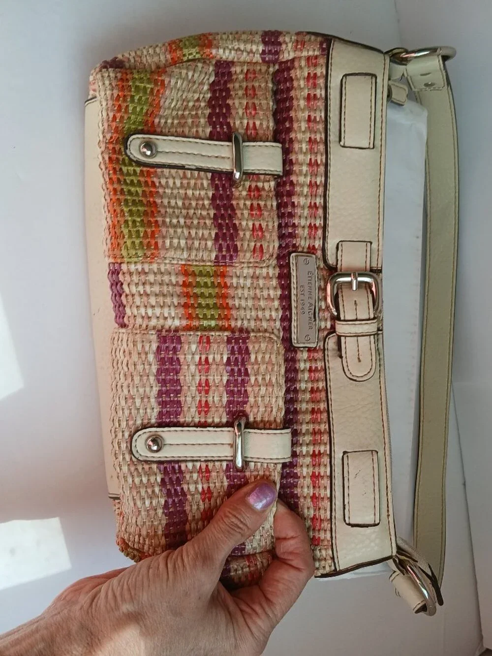 Vintage 90's Woven MulticolorJute & Ivory Trim 3 Section Interior Baguette Bag