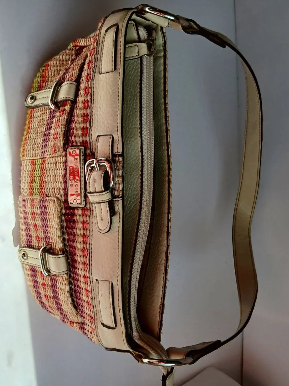 Vintage 90's Woven MulticolorJute & Ivory Trim 3 Section Interior Baguette Bag
