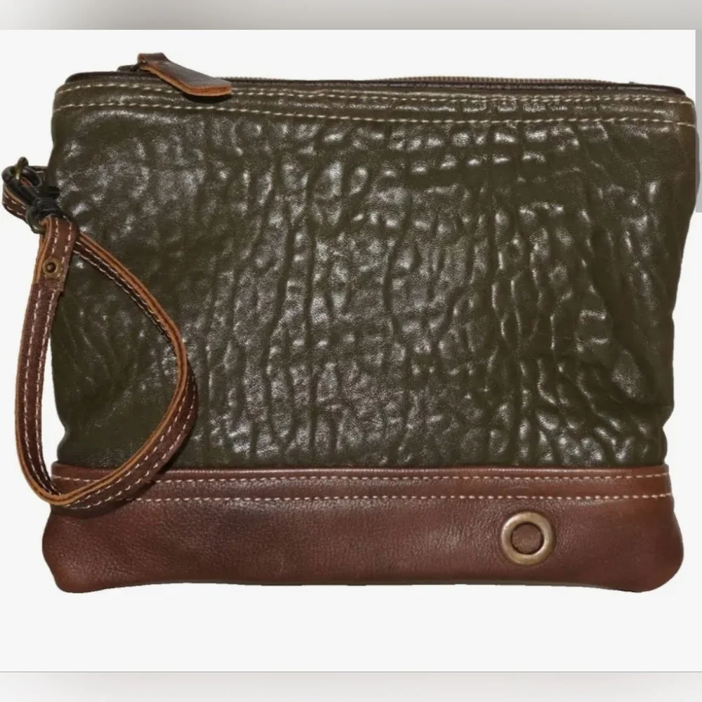 Myra Bag Leather Wristlet Clutch - Olive Green and Brown