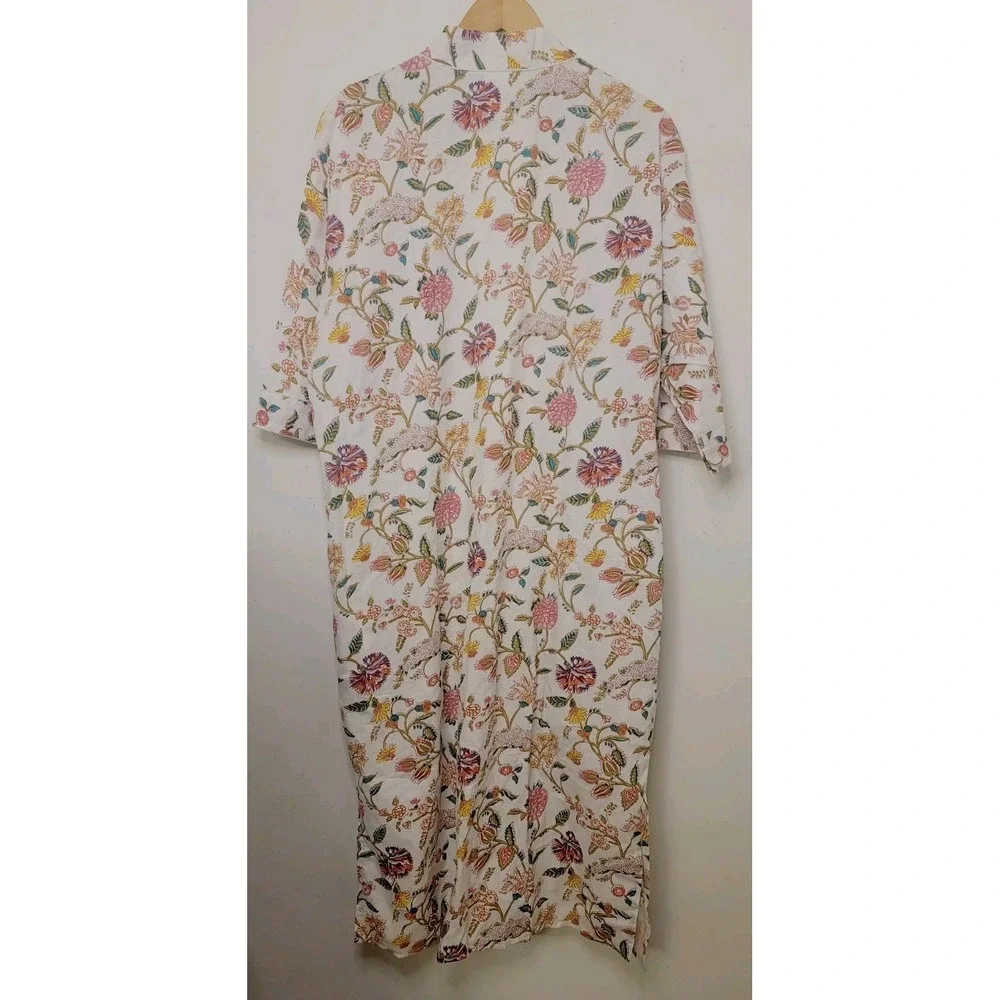 Women's 100% Cotton Robe Tropical Floral White Pink‎ *Missing Belt