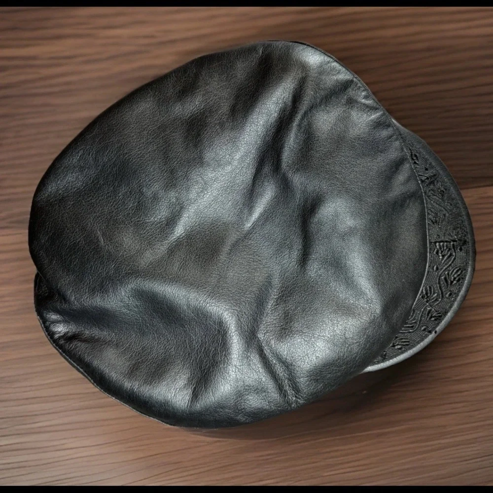 Vintage GREEK FISHERMANS Cap Mens X-Large Black Genuine Leather Fiddlers Hat USA