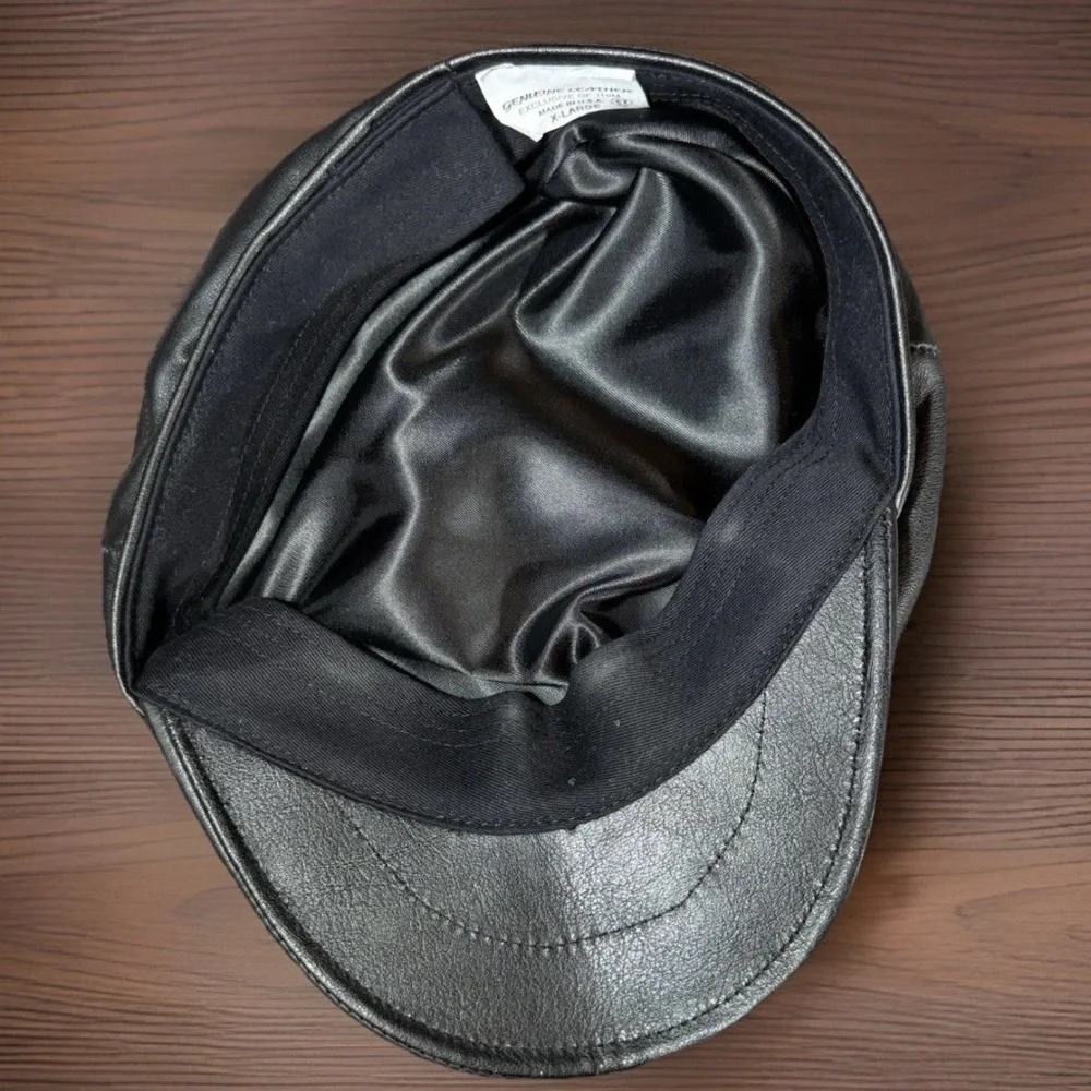 Vintage GREEK FISHERMANS Cap Mens X-Large Black Genuine Leather Fiddlers Hat USA