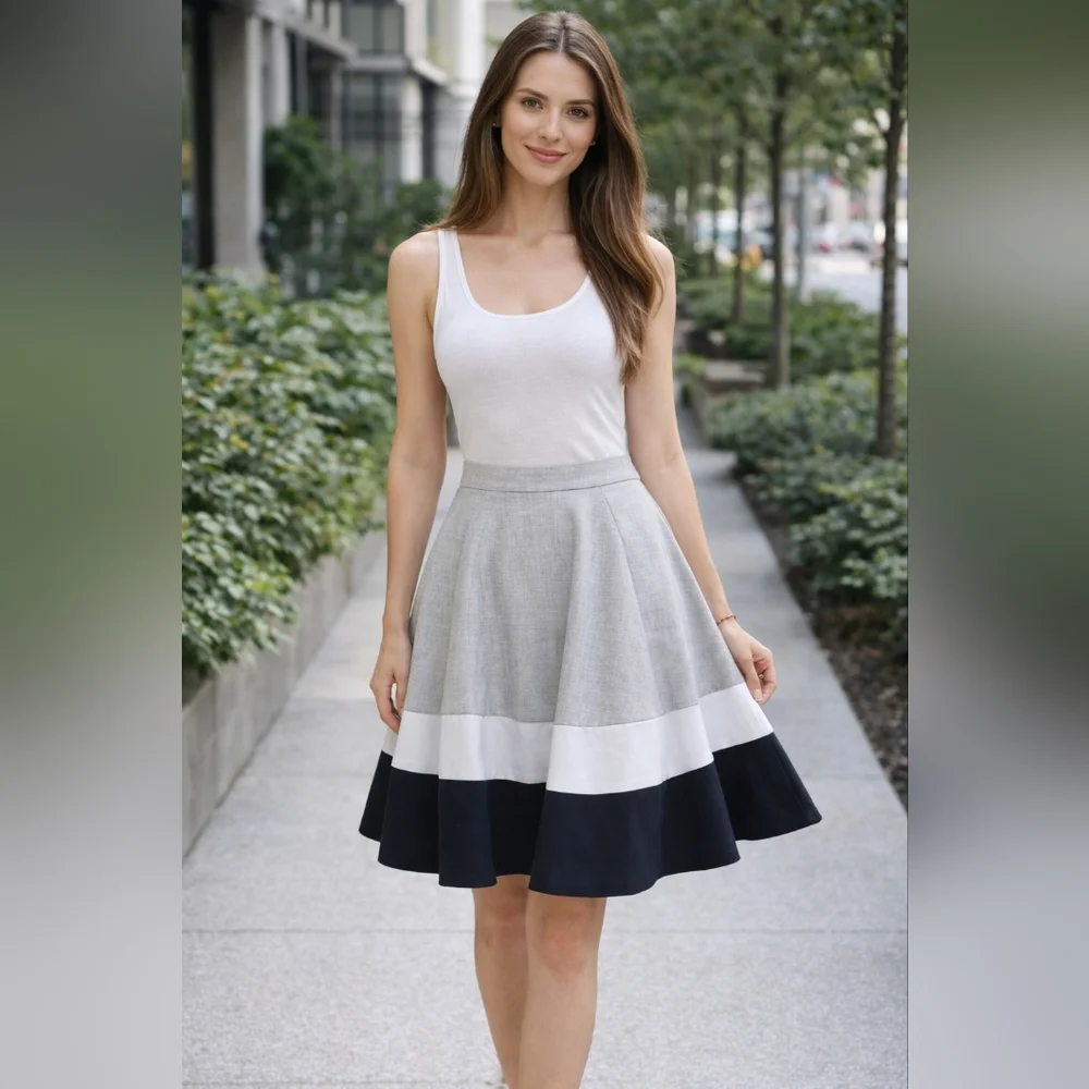 Amanda Chelsea Skirt Size 4 Gray White Navy Colorblock A-Line Flare Knee Length
