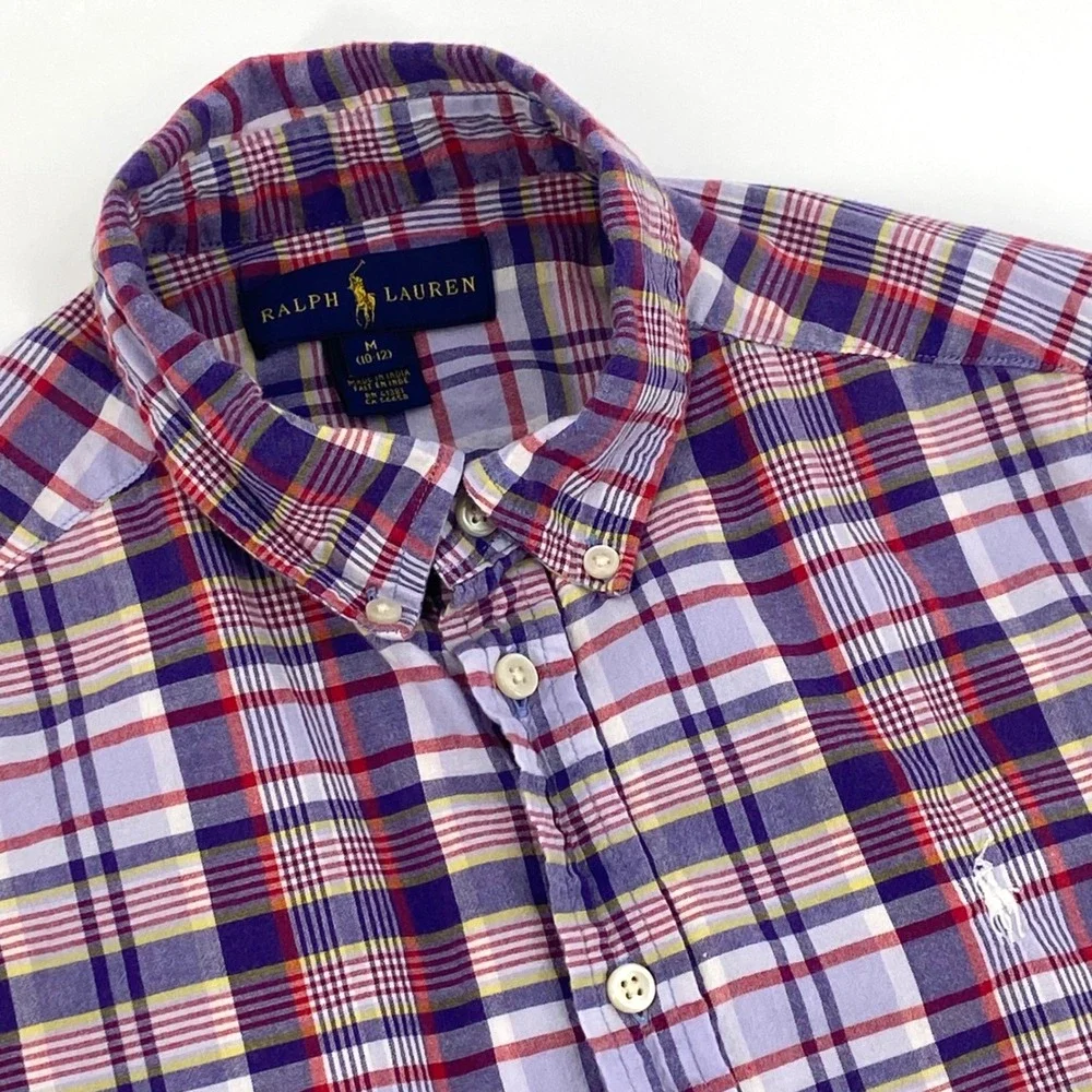 Ralph Lauren Kids Boys Medium 10-12 Purple Plaid Short Sleeve Button Down Shirt