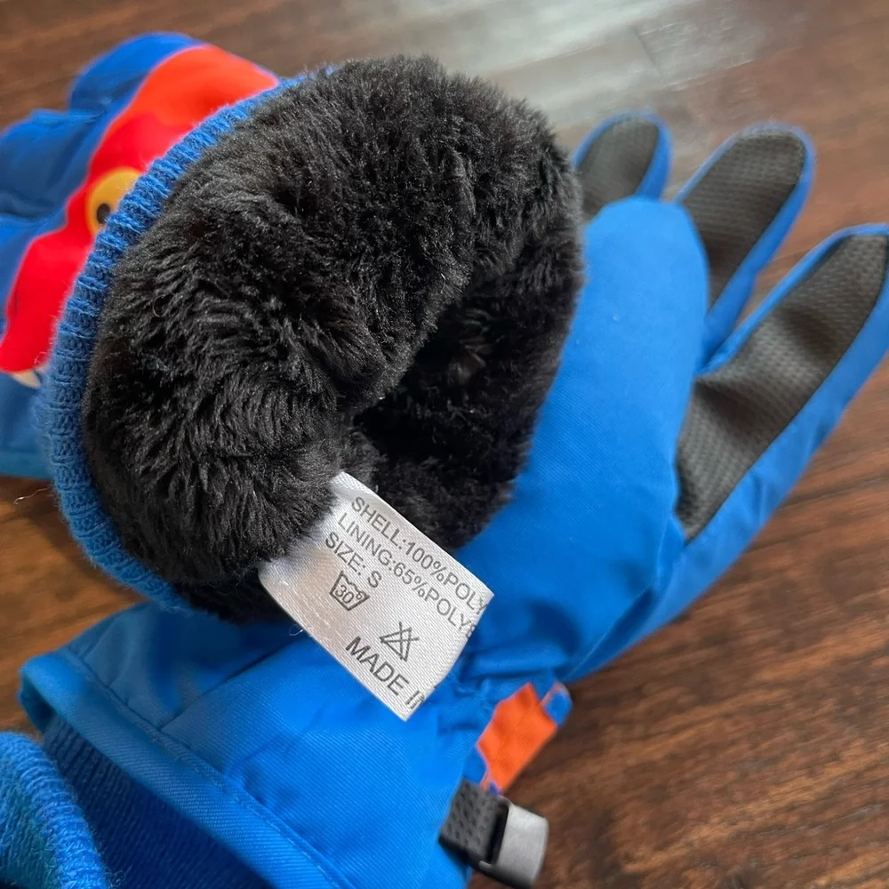 Kids' Blue and Orange Dinosaur Winter Gloves