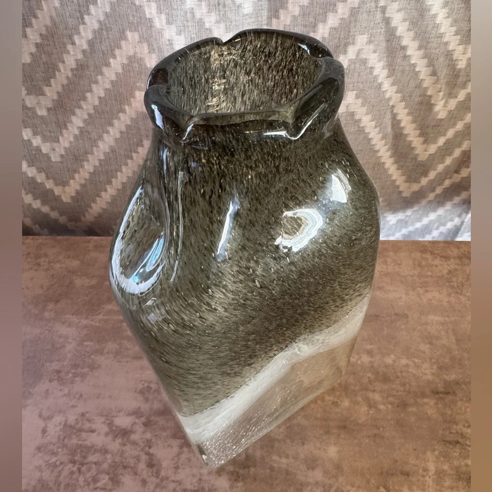 Smoked Bent Glass Decorative Vase - Green Accent