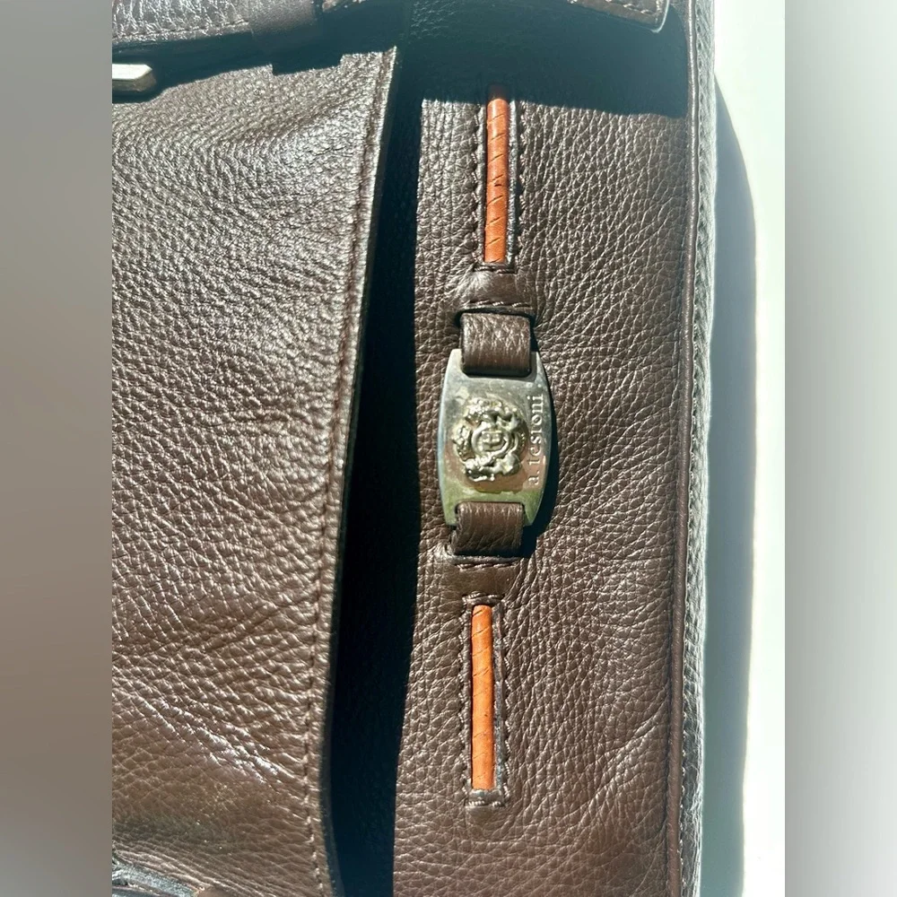 A. Testoni Men's Dark Brown Leather Crossbody Messenger Work Bag, 12.5”x14”