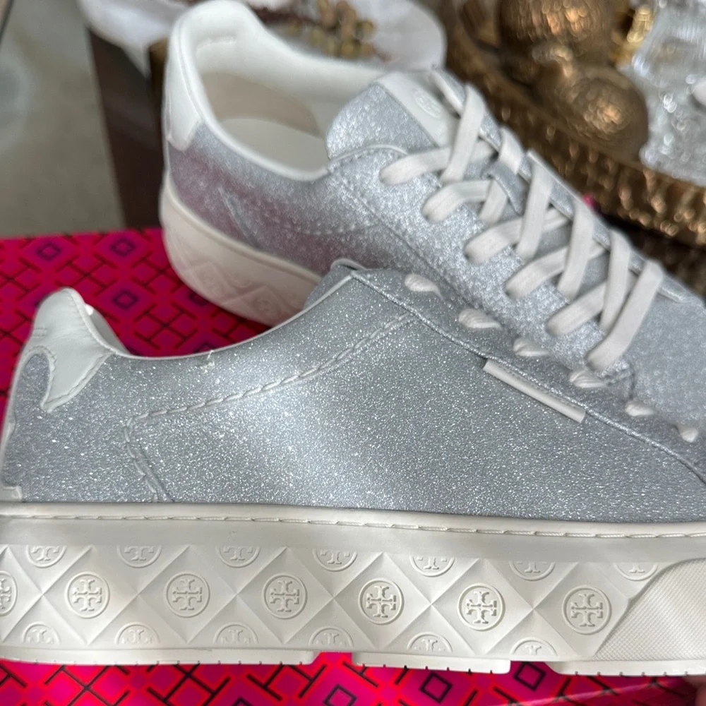 Tory Burch Lady Bug Women's Silver Glitter Sneakers Sz 10