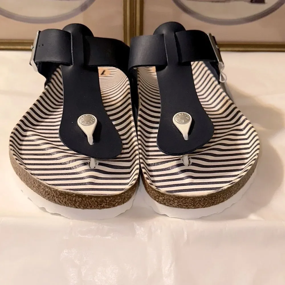 Birkenstock 11 Gizeh Nautical Stripes Navy White Thong Buckle Sandals