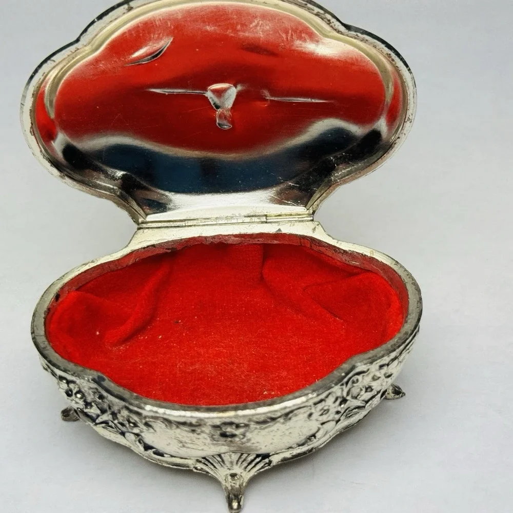 VTG Silver Metal Trinket Or Jewelry Box Lined W/ Red Velvet And An Embossed Top