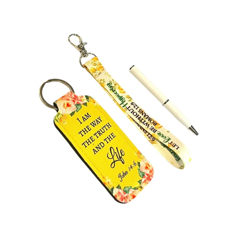 Lip Balm or Pen Neoprene Keychain Holder, Lanyard, & Pen Set- Bible Verse
