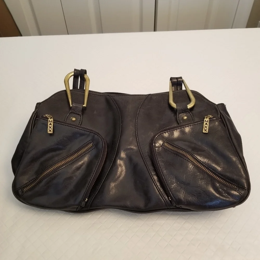 Maxx New York Black Gold Tone Zipper Pocket Studded Shoulder Bag