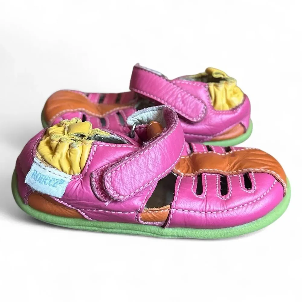 Robeez Pink Orange Leather Baby Sandals Size 12-16 Months Soft Sole