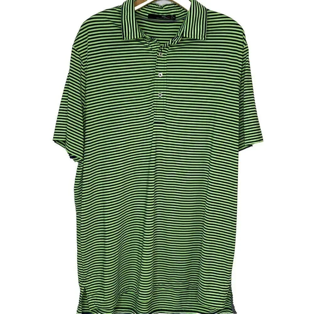 Ralph Lauren RLX Polo Shirt Mens XL Green Blue Stripe Golf Performance Top