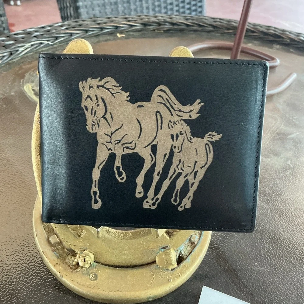 Men's Black Leather Bifold Wallet with Horse Design
