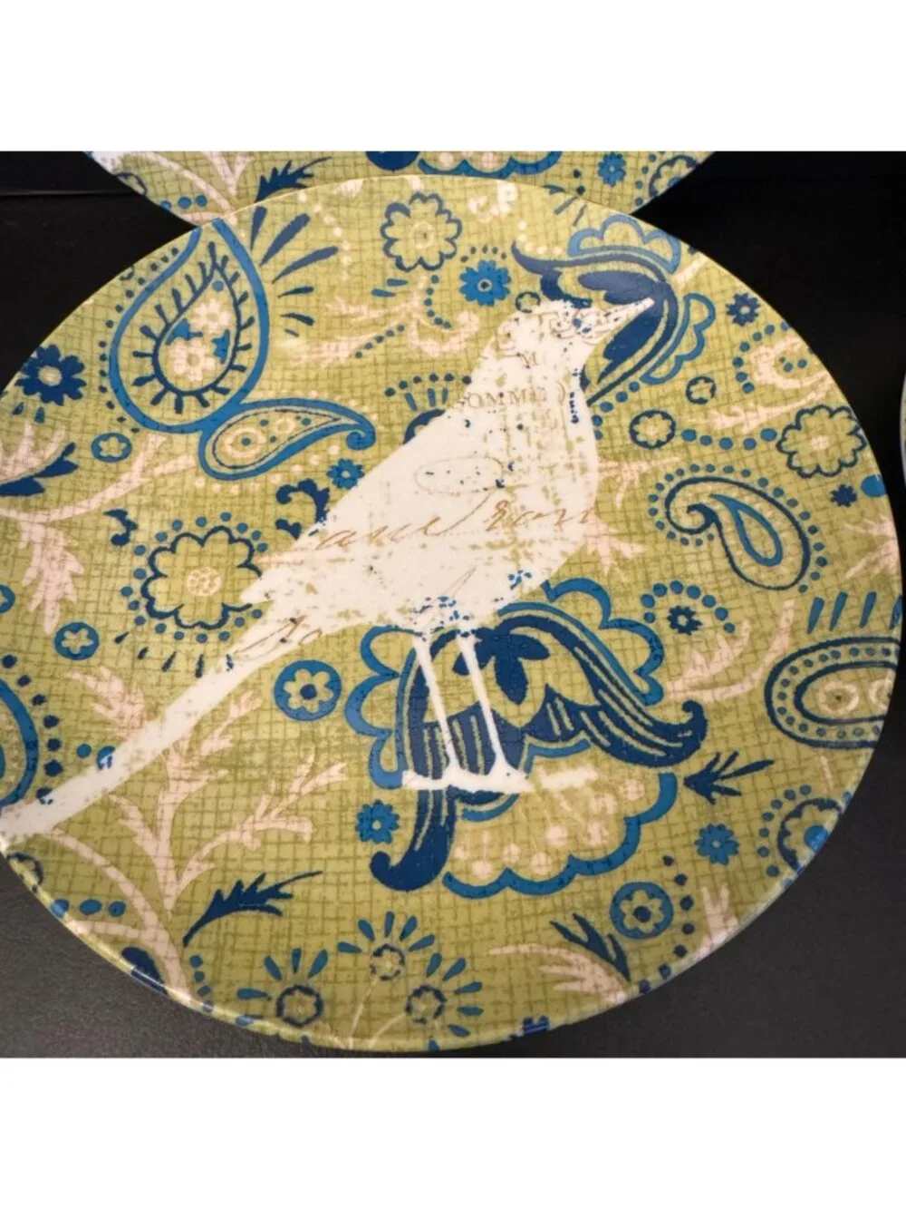 Pier 1 Porcelain Plate Paisley Bird Green & Blue print 8