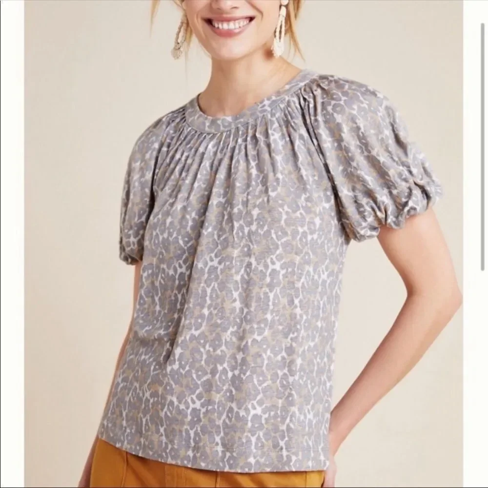 Anthropologie S Maeve Linen Puff Sleeve Leopard Top