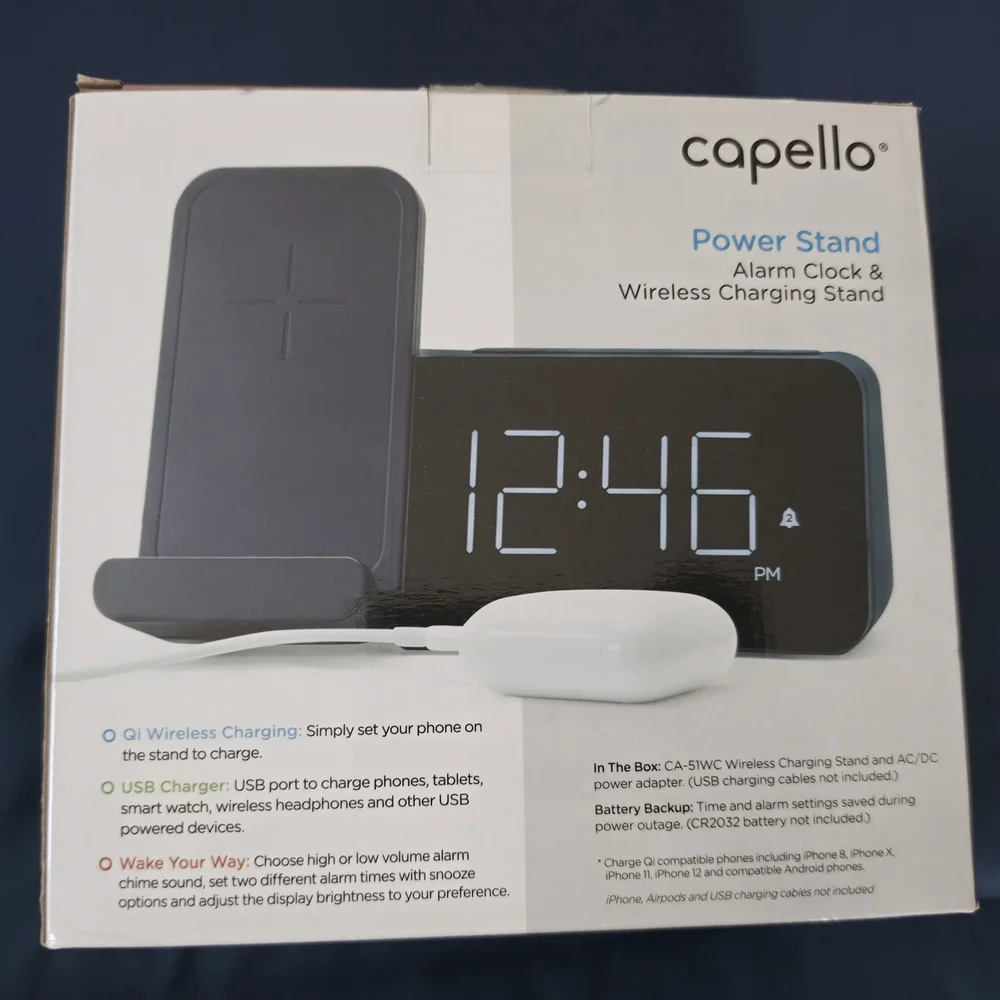 Capello Power Stand Qi Wireless Charger and Alarm Clock – Black
