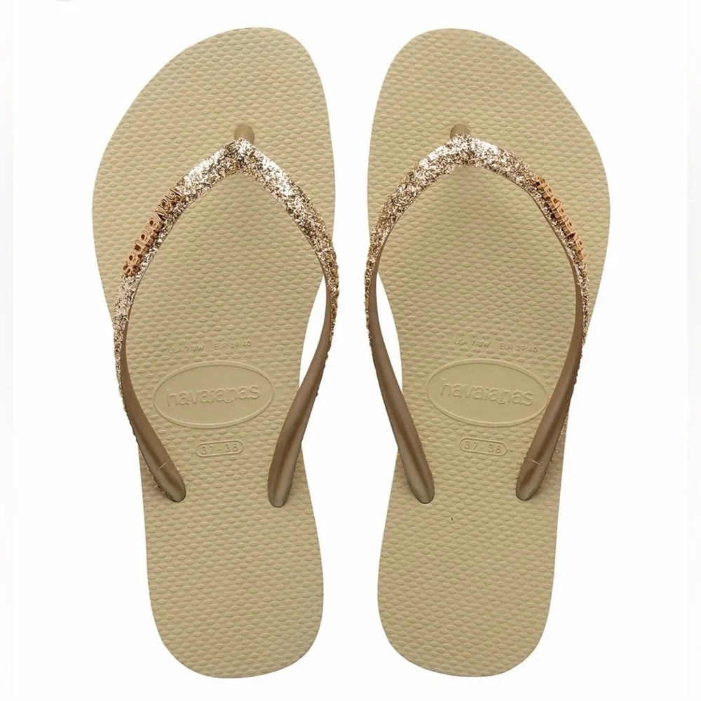 Havaianas Slim Glitter Flip Flops Gold Youth 3/4 EU 35 36