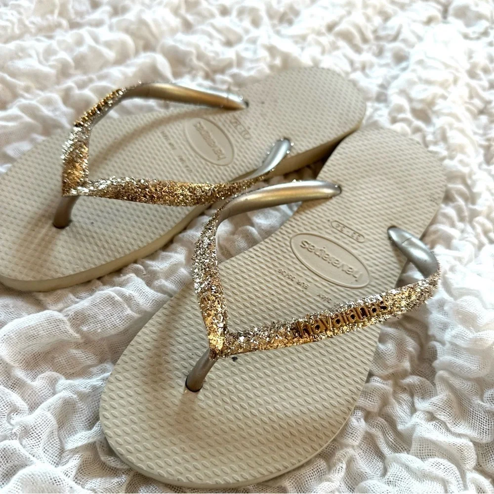 Havaianas Slim Glitter Flip Flops Gold Youth 3/4 EU 35 36