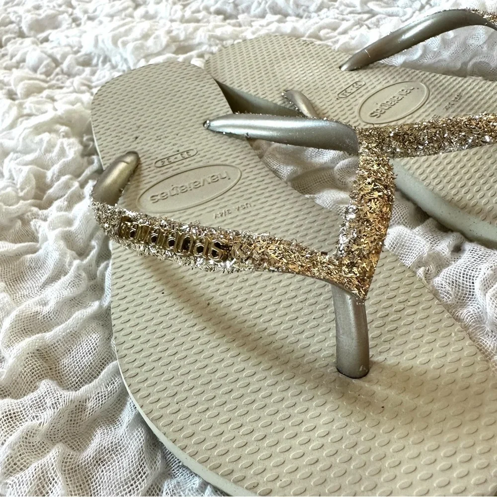Havaianas Slim Glitter Flip Flops Gold Youth 3/4 EU 35 36