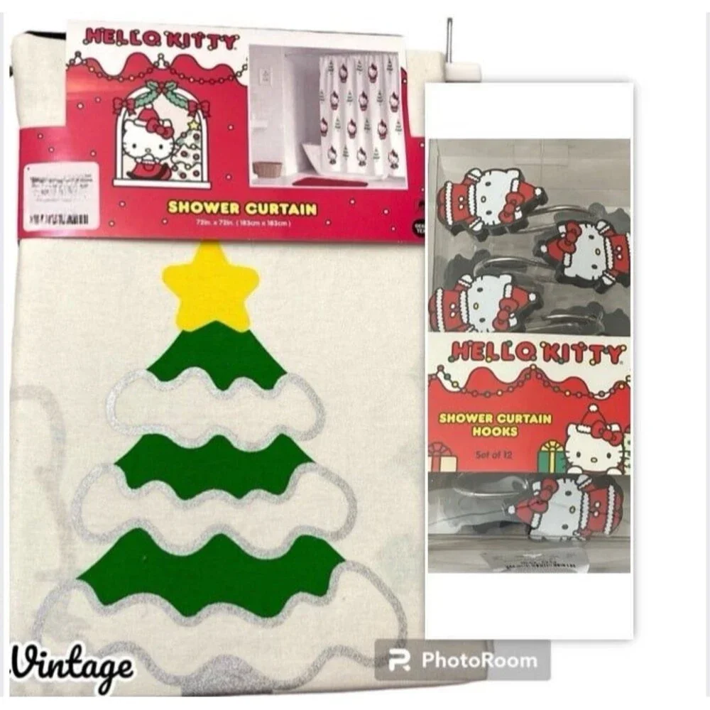 Hello kitty Christmas Shower Curtain and shower hooks set