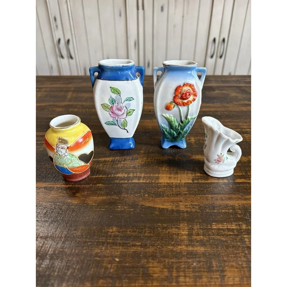 Vintage Mini Vase Lot 4 Occupied Japan Hand Painted Floral Bud Vases Ceramic