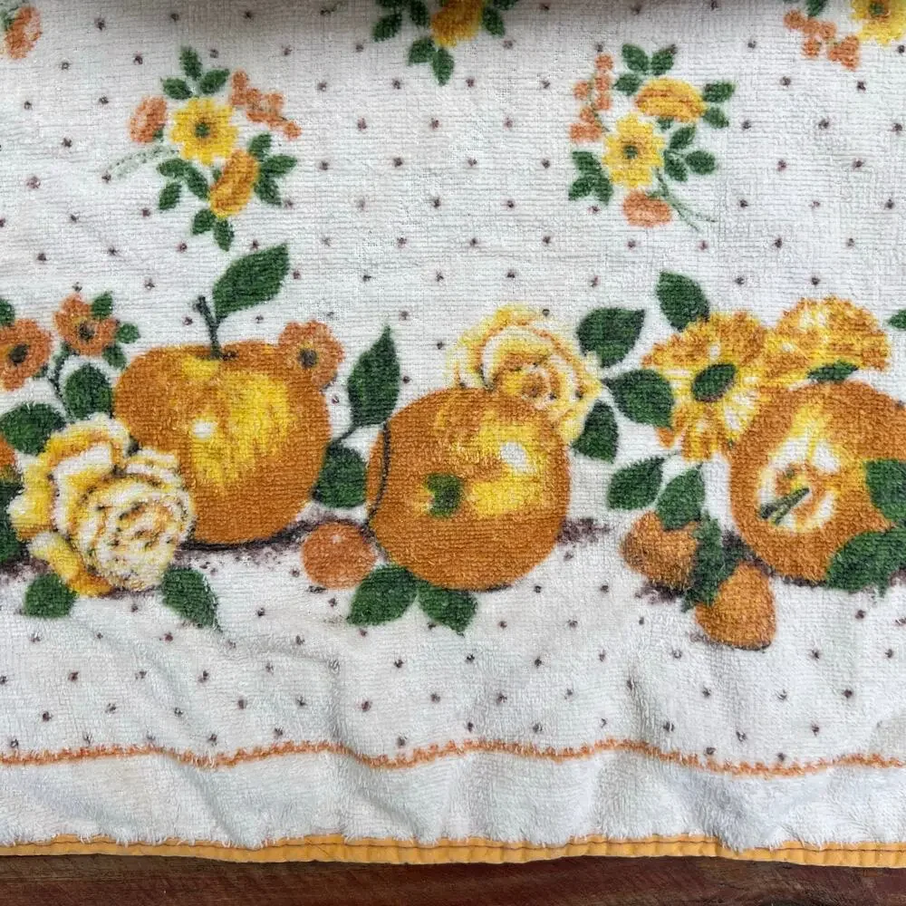 Vintage 70s Terrycloth Apron Fruit Floral Yellow Tie Back Retro Kitchen Hostess