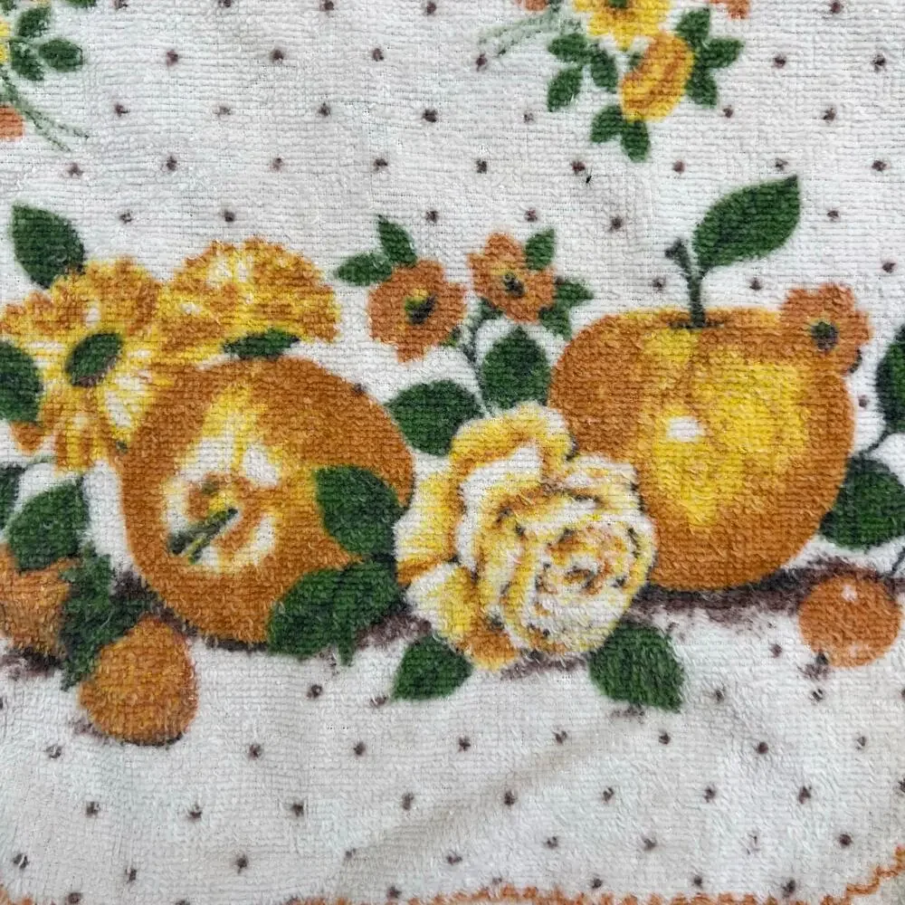 Vintage 70s Terrycloth Apron Fruit Floral Yellow Tie Back Retro Kitchen Hostess