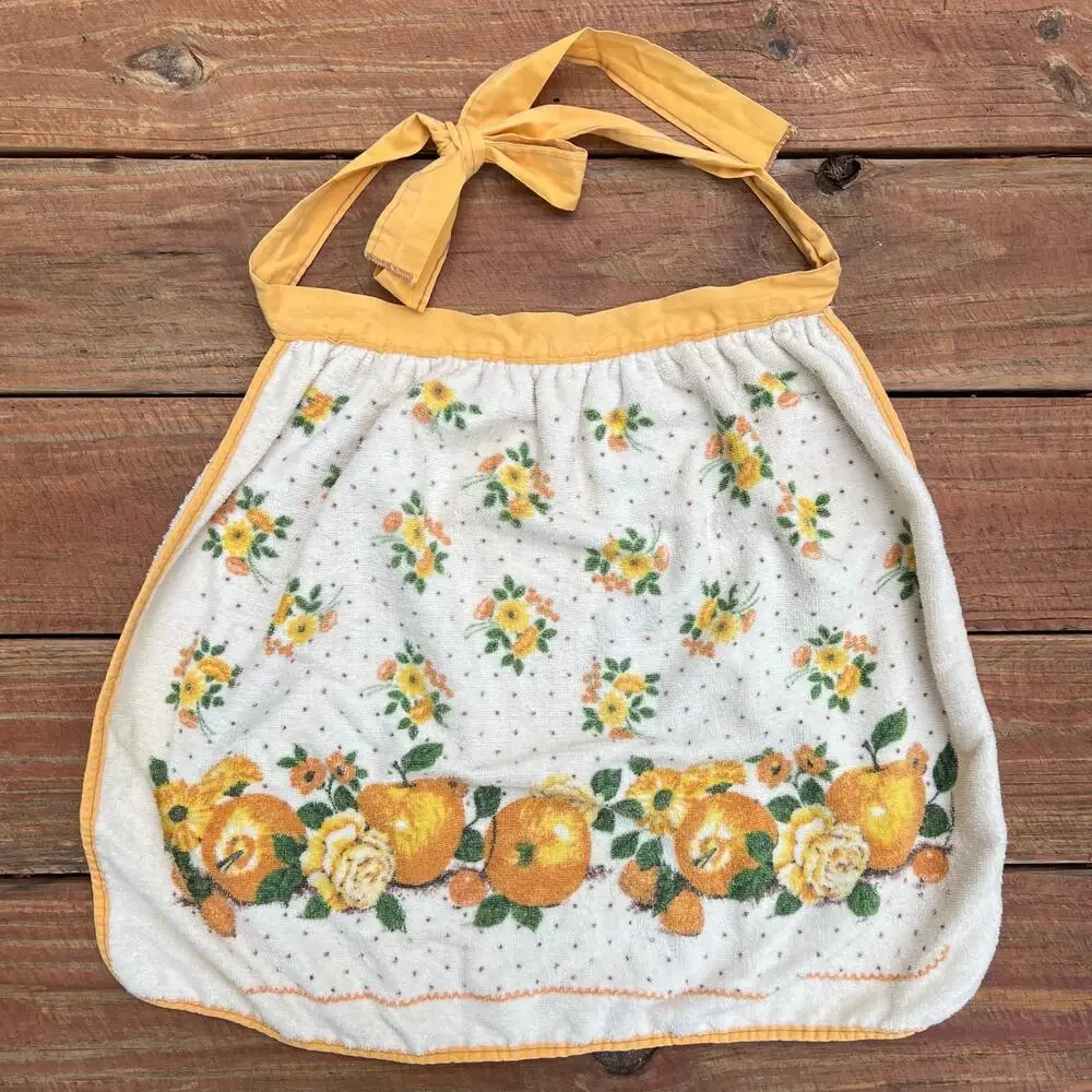 Vintage 70s Terrycloth Apron Fruit Floral Yellow Tie Back Retro Kitchen Hostess
